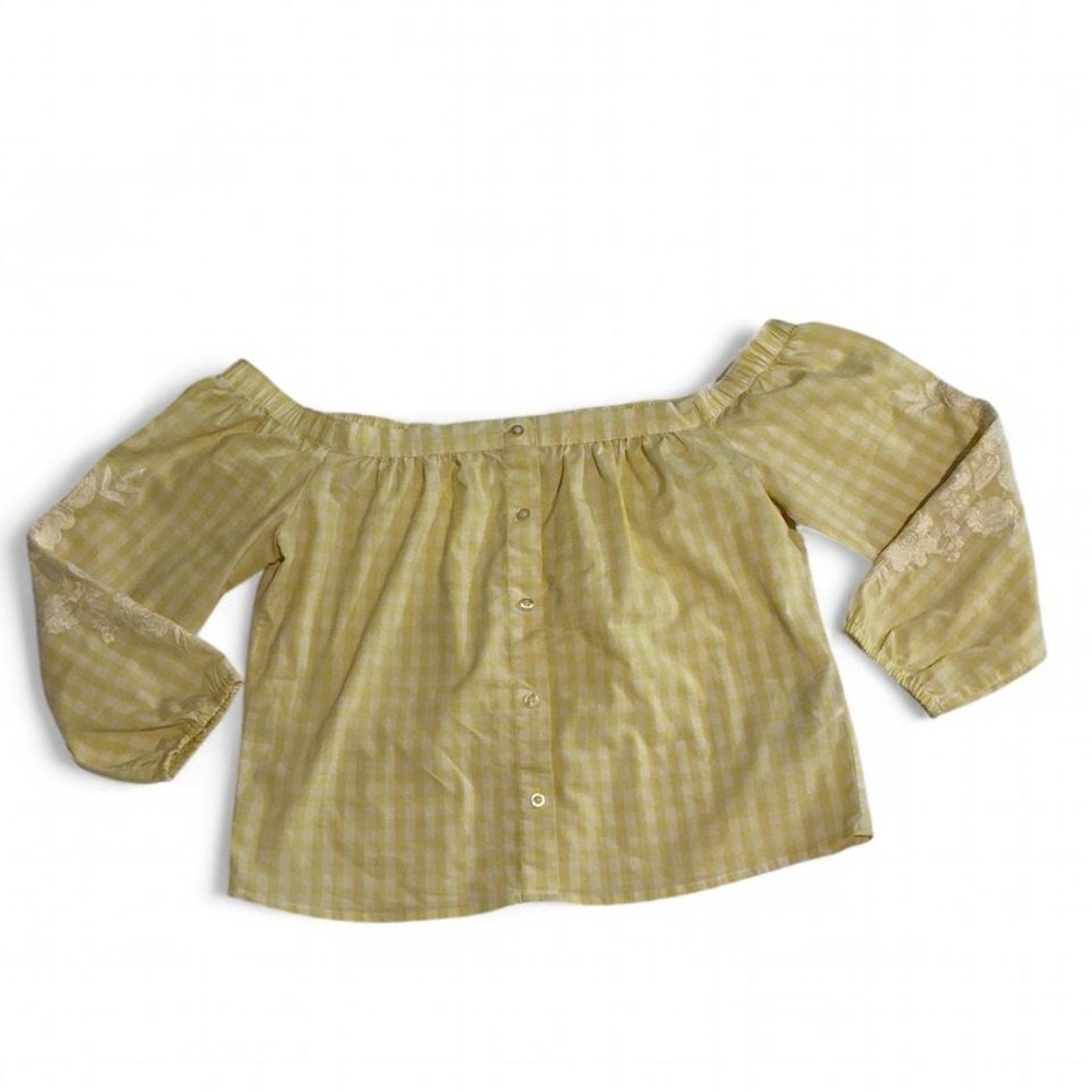 Hollister Off Shoulder Top Women S Yellow Gingham Floral Embroidered Excellent